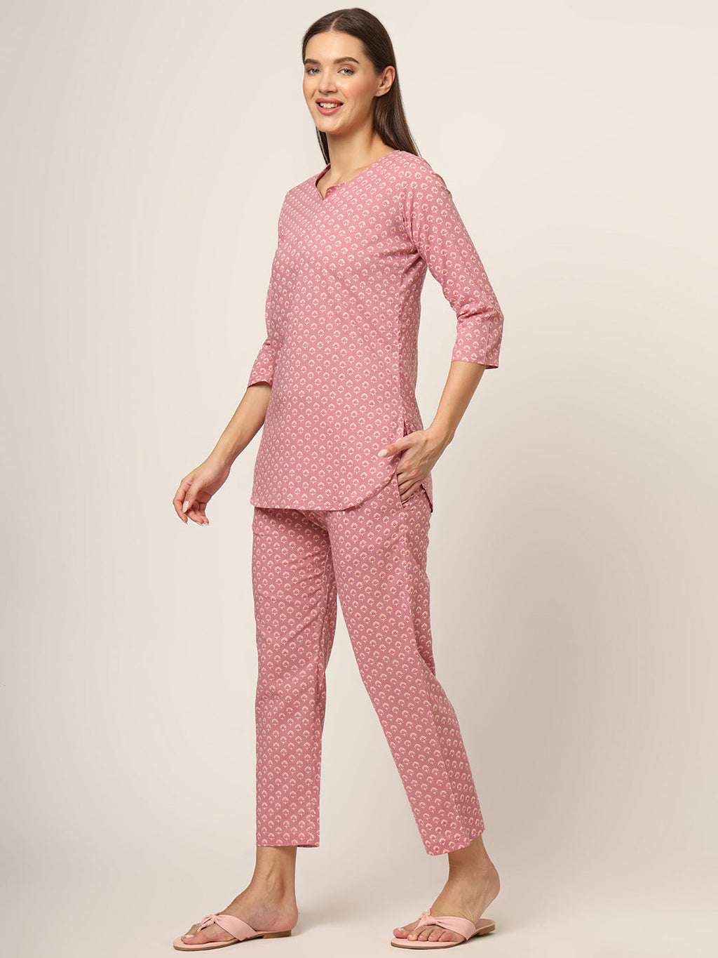 Noe Velarro Pink Floral Print Cotton Regular Fit Night Suit