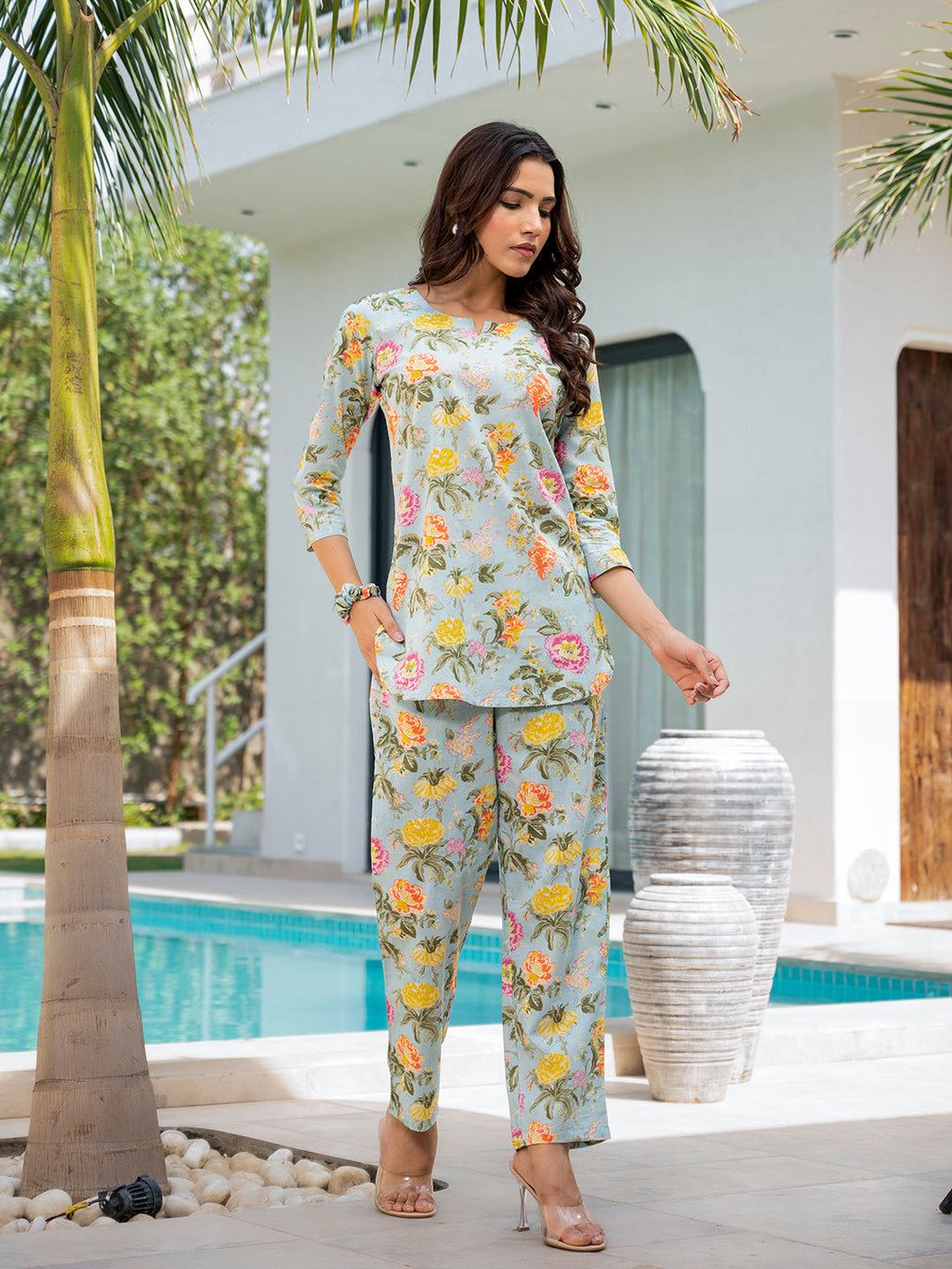 Noe Velarro Sky Blue Floral Print Cotton Regular Fit Night Suit Set