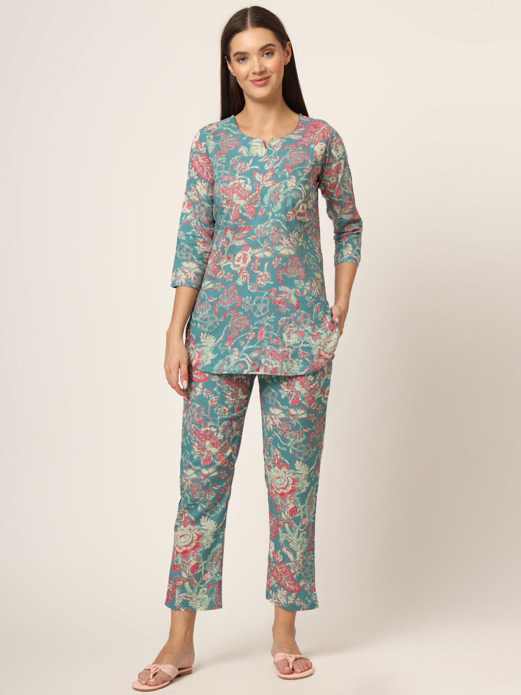 Noe Velarro Green Floral Print Cotton Regular Fit Night Suit