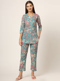 Noe Velarro Green Floral Print Cotton Regular Fit Night Suit