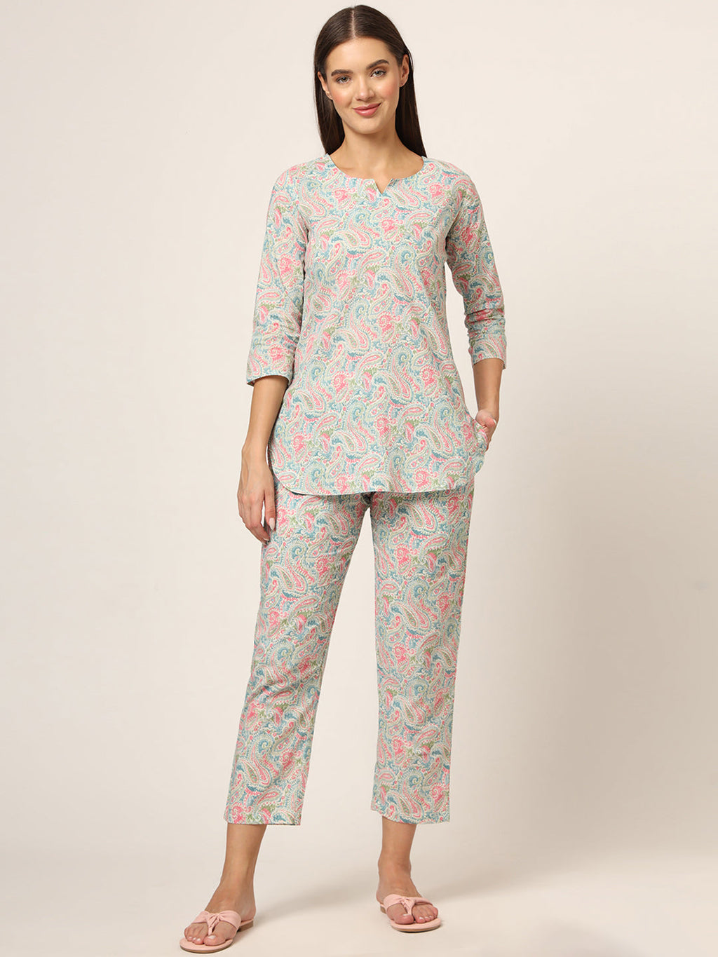 Noe Velarro Blue Multi Floral Print Cotton Regular Fit Night Suit