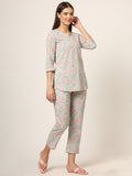 Noe Velarro Blue Multi Floral Print Cotton Regular Fit Night Suit