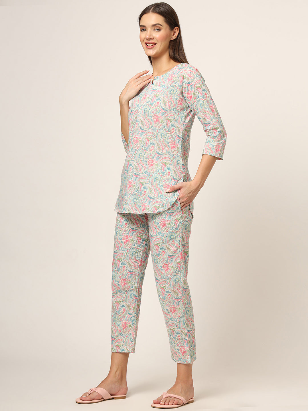 Noe Velarro Blue Multi Floral Print Cotton Regular Fit Night Suit