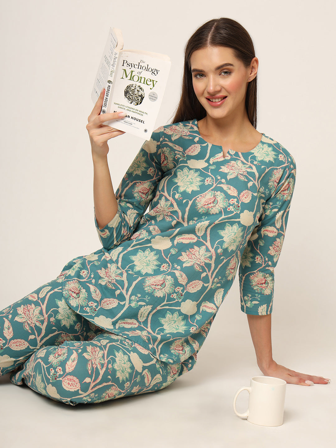 Noe Velarro Green Floral Print Cotton Regular Fit Night Suit