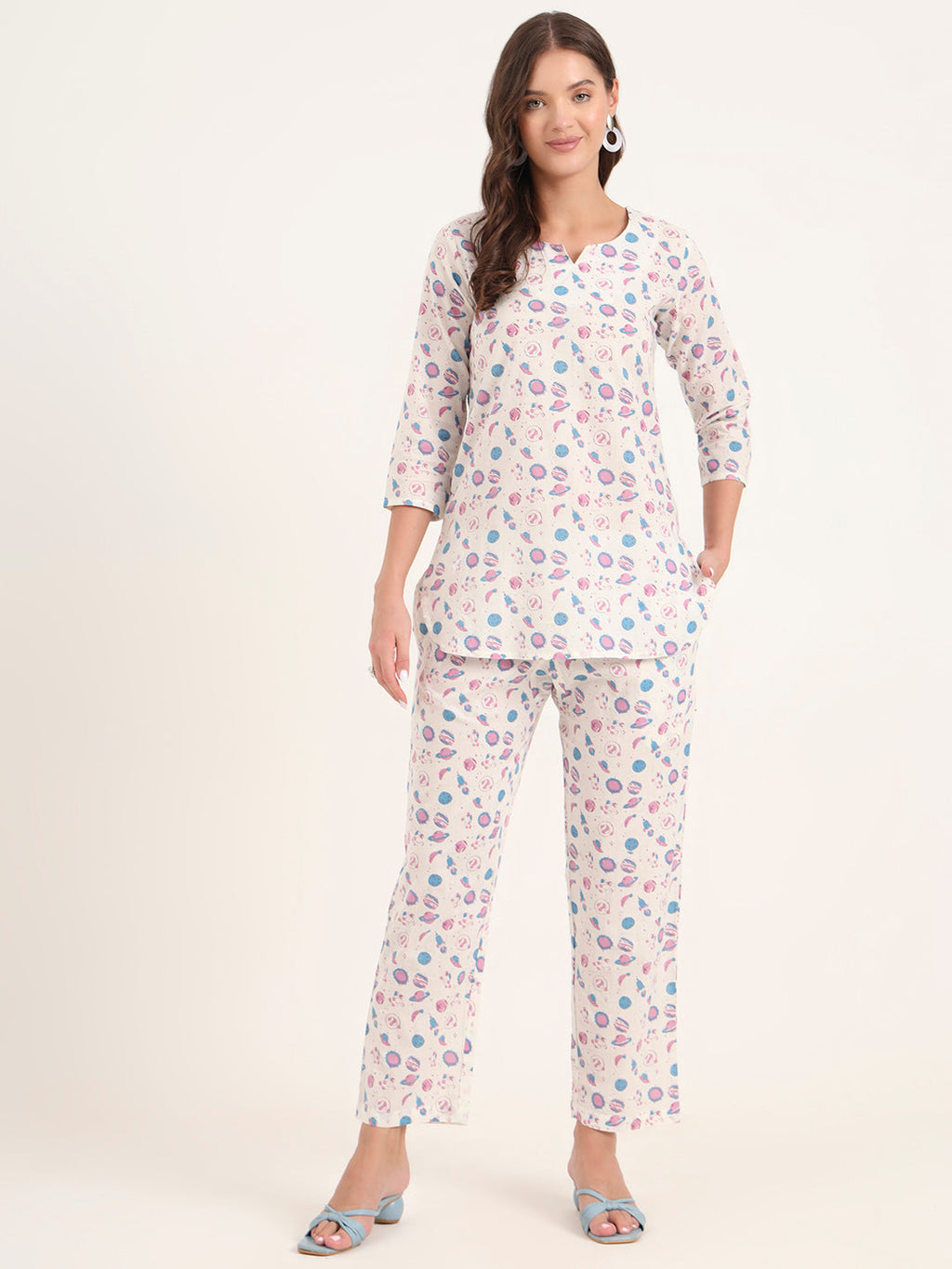 Noe Velarro White Printed Cotton Night Suit Sets