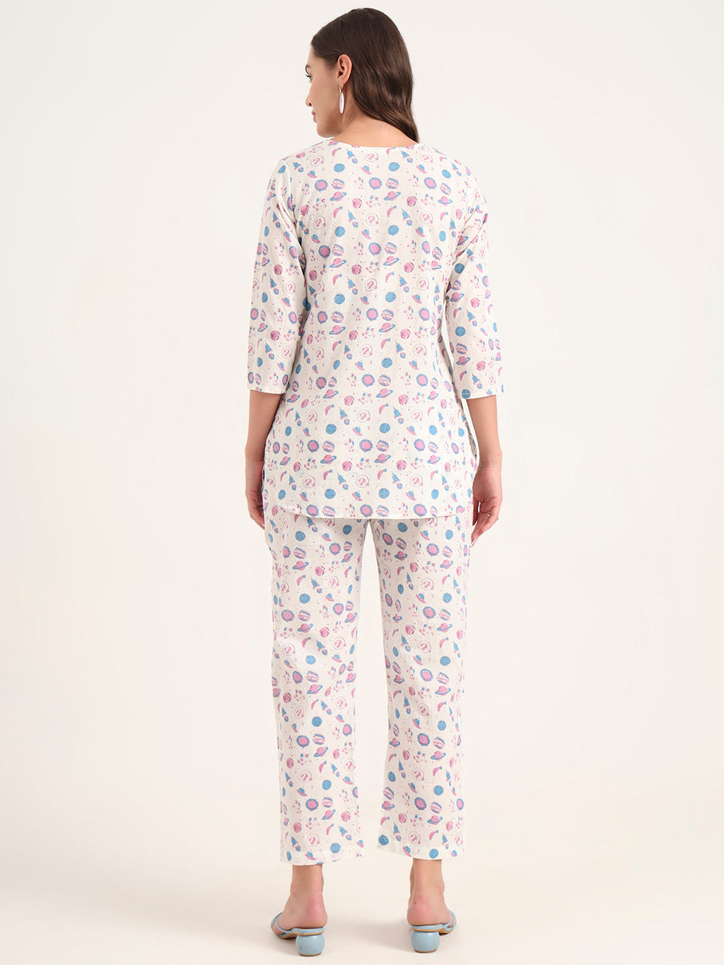 Noe Velarro White Printed Cotton Night Suit Sets