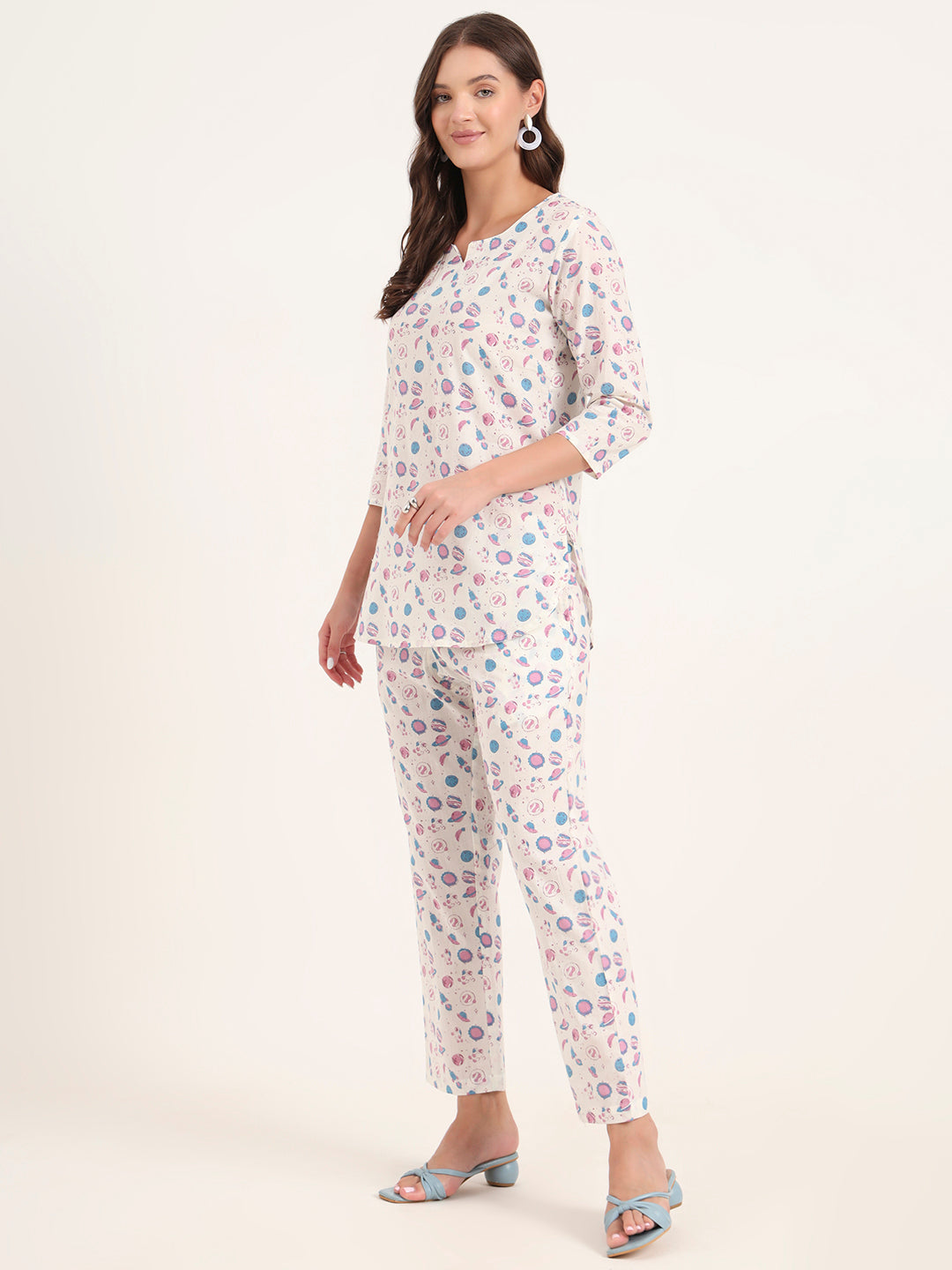 Noe Velarro White Printed Cotton Night Suit Sets