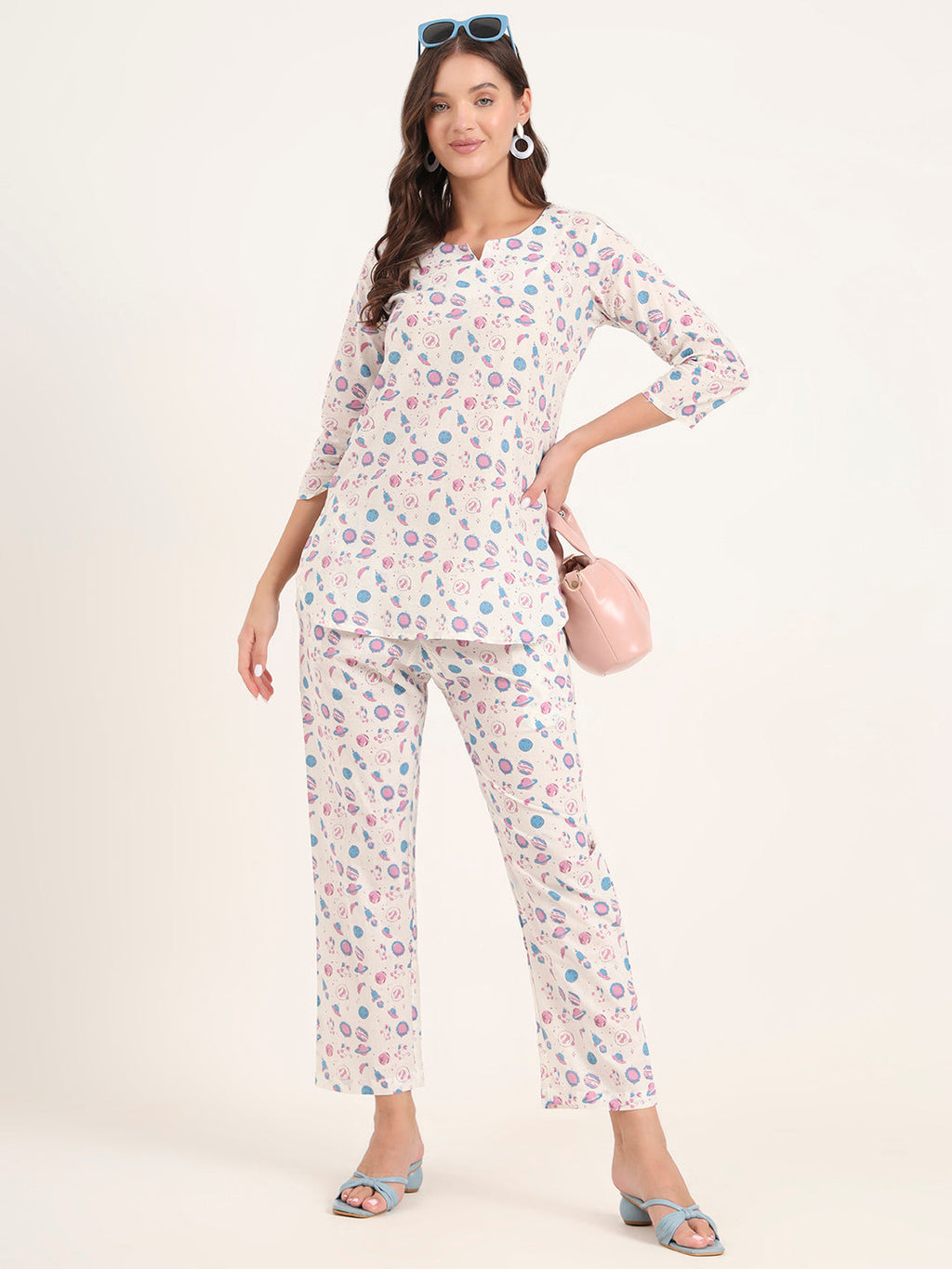 Noe Velarro White Printed Cotton Night Suit Sets