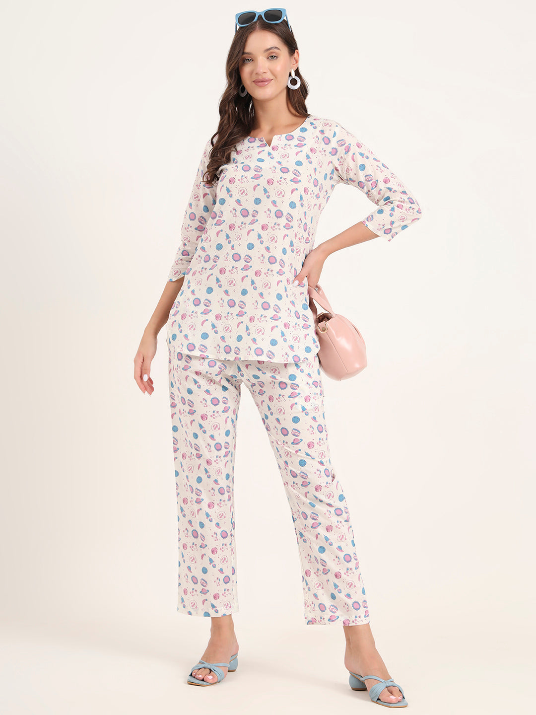 Noe Velarro White Printed Cotton Night Suit Sets