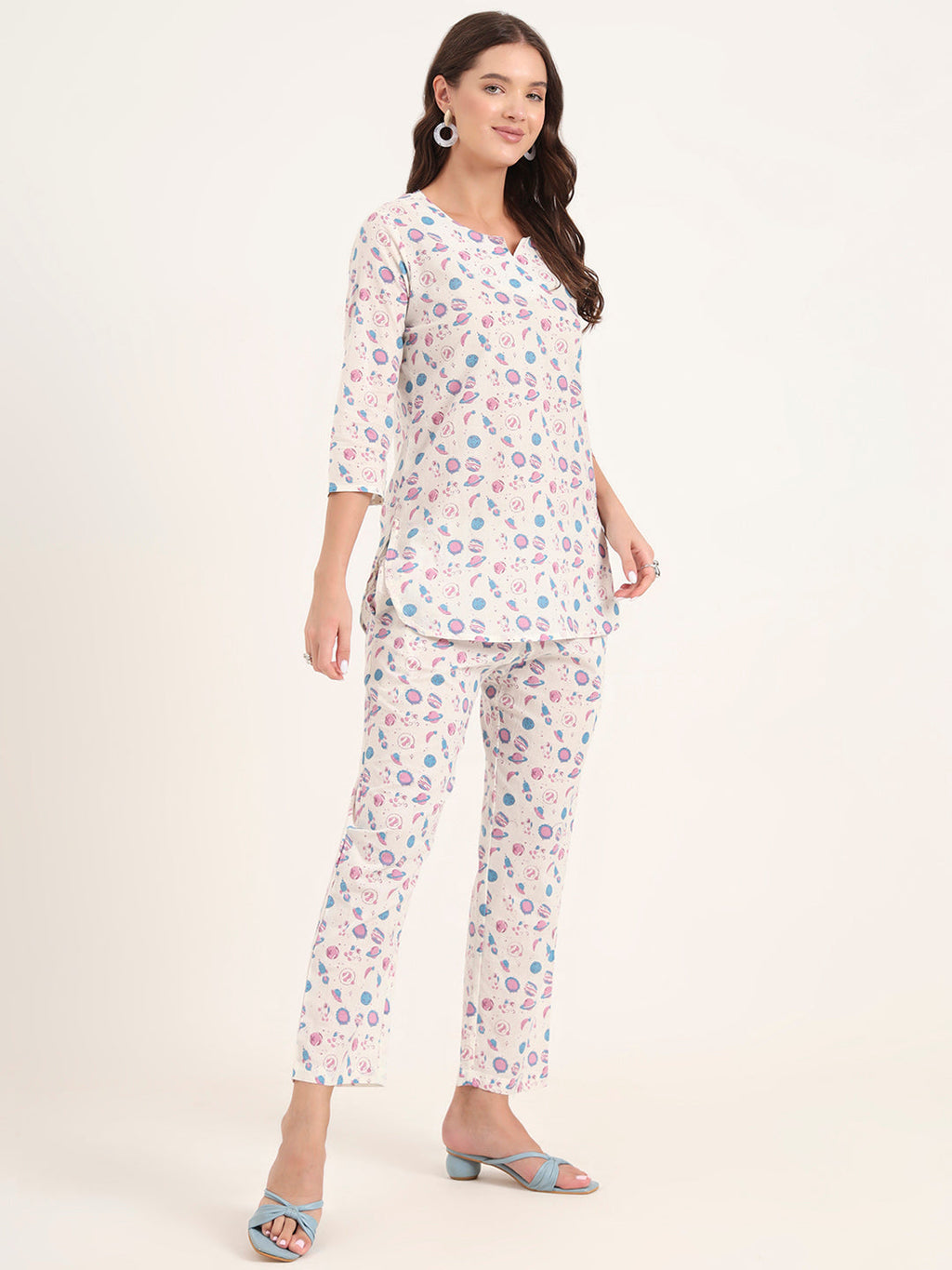 Noe Velarro White Printed Cotton Night Suit Sets
