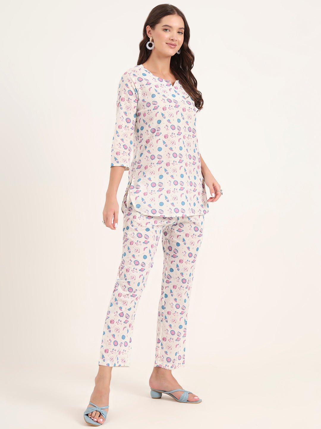 Noe Velarro White Printed Cotton Night Suit Sets