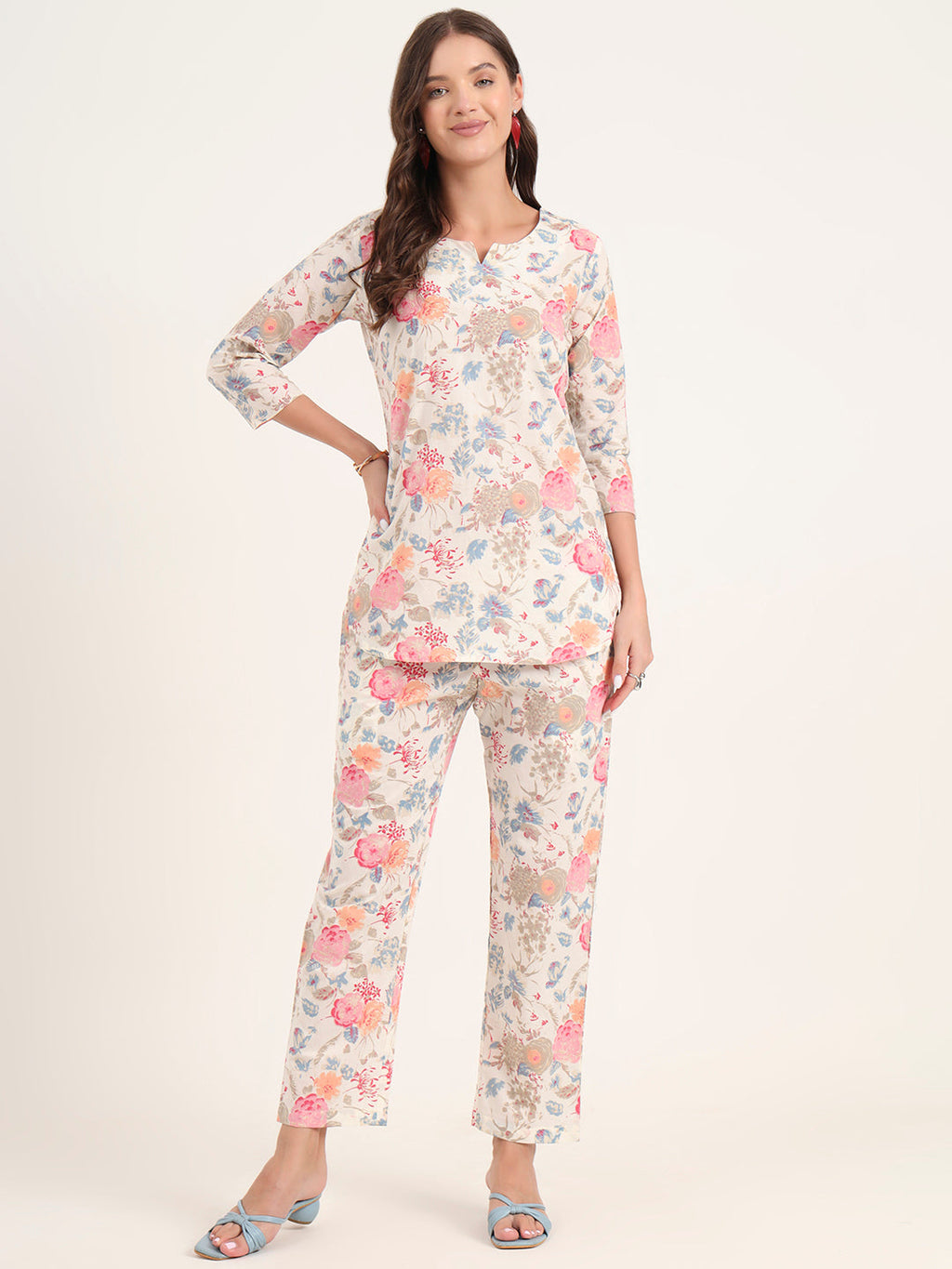 Noe Velarro White Printed Cotton Night Suit Sets