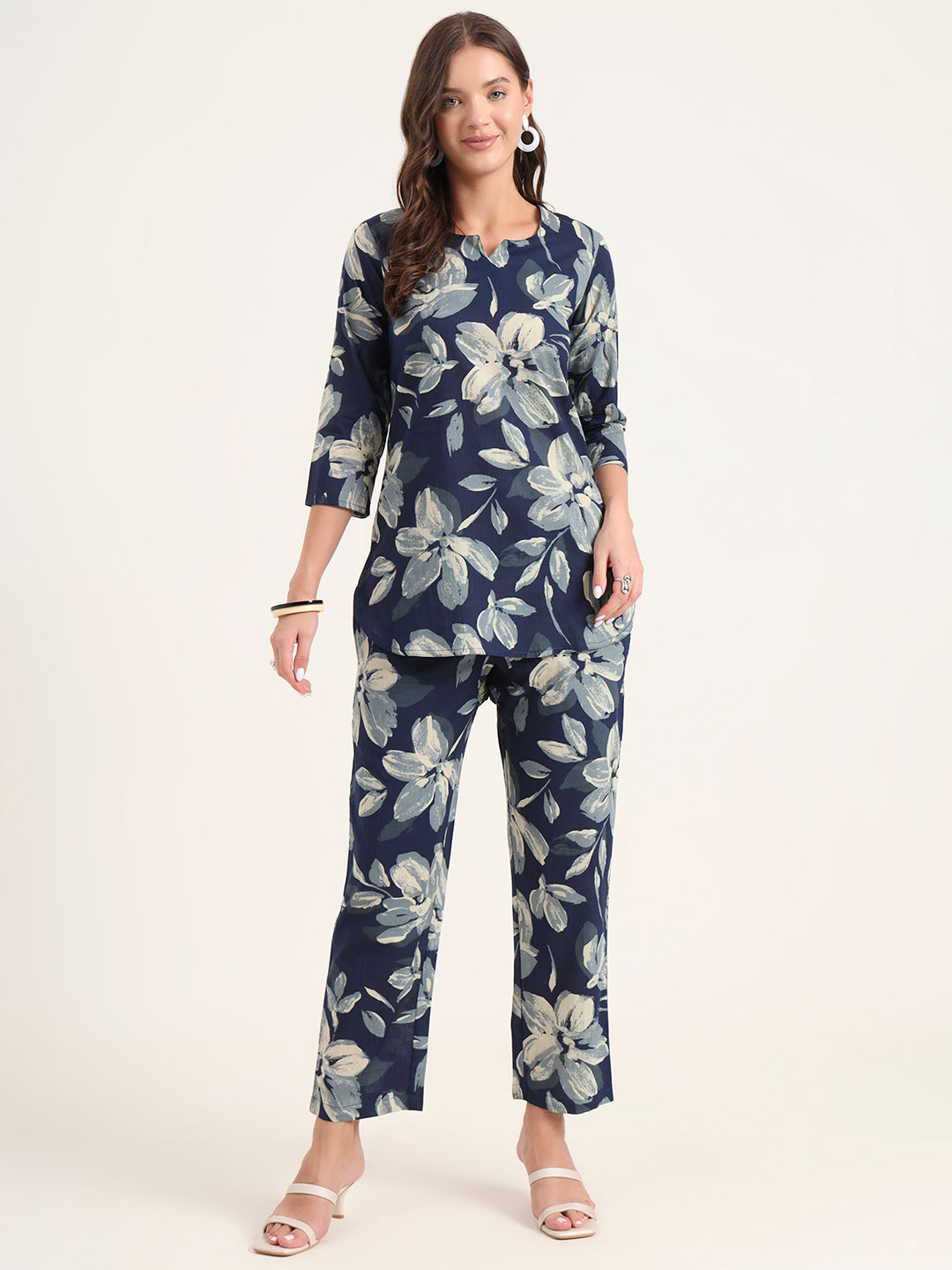 Noe Velarro Blue Printed Cotton Night Suit Sets