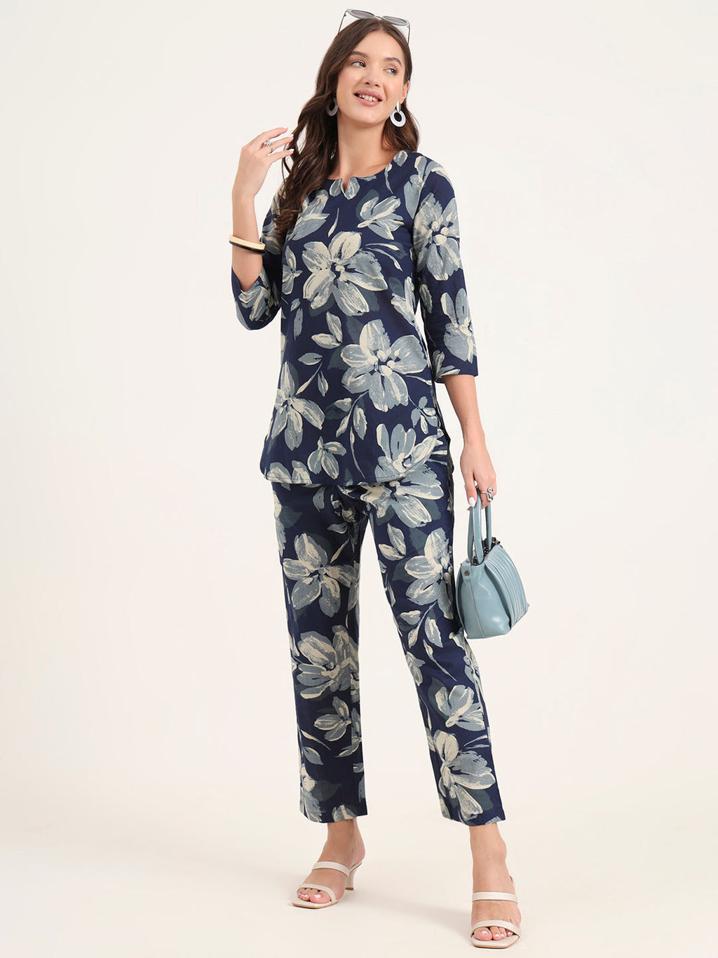 Noe Velarro Blue Printed Cotton Night Suit Sets