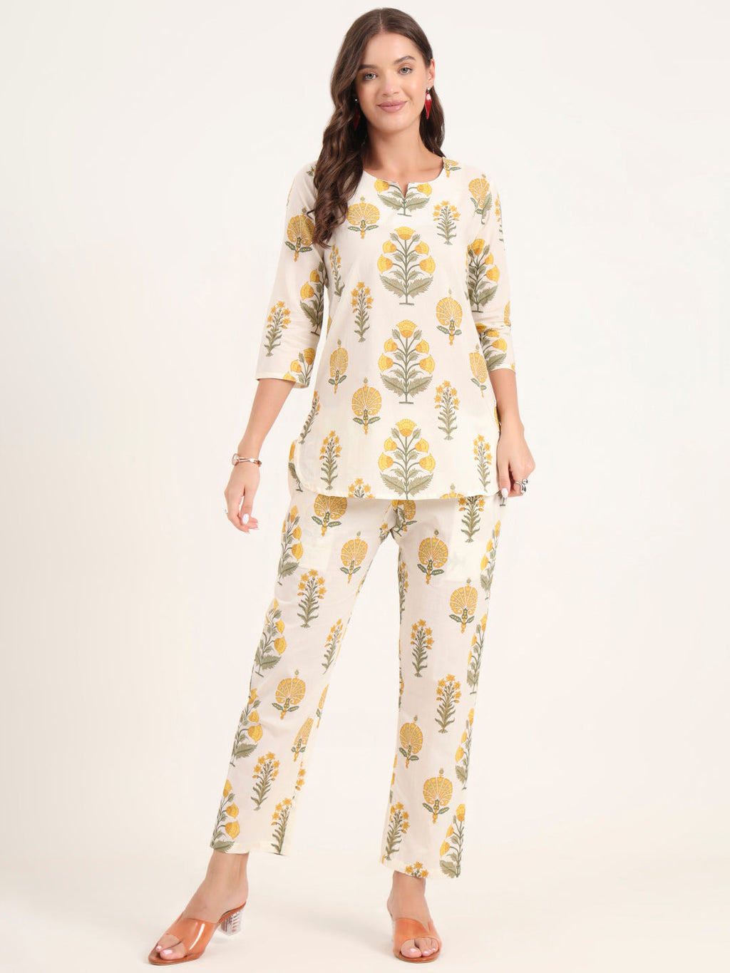 Noe Velarro Cream Printed Cotton Night Suit Sets