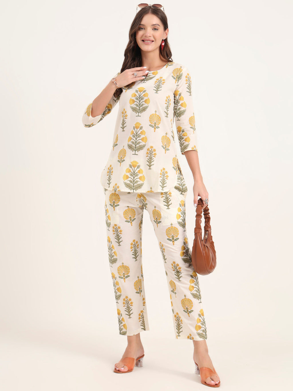 Noe Velarro Cream Printed Cotton Night Suit Sets