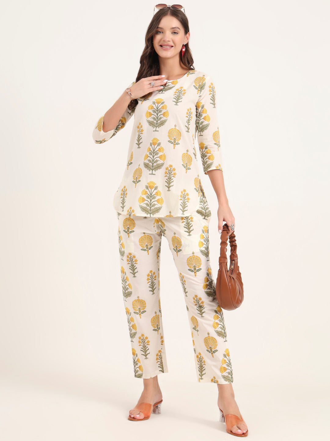 Noe Velarro Cream Printed Cotton Night Suit Sets