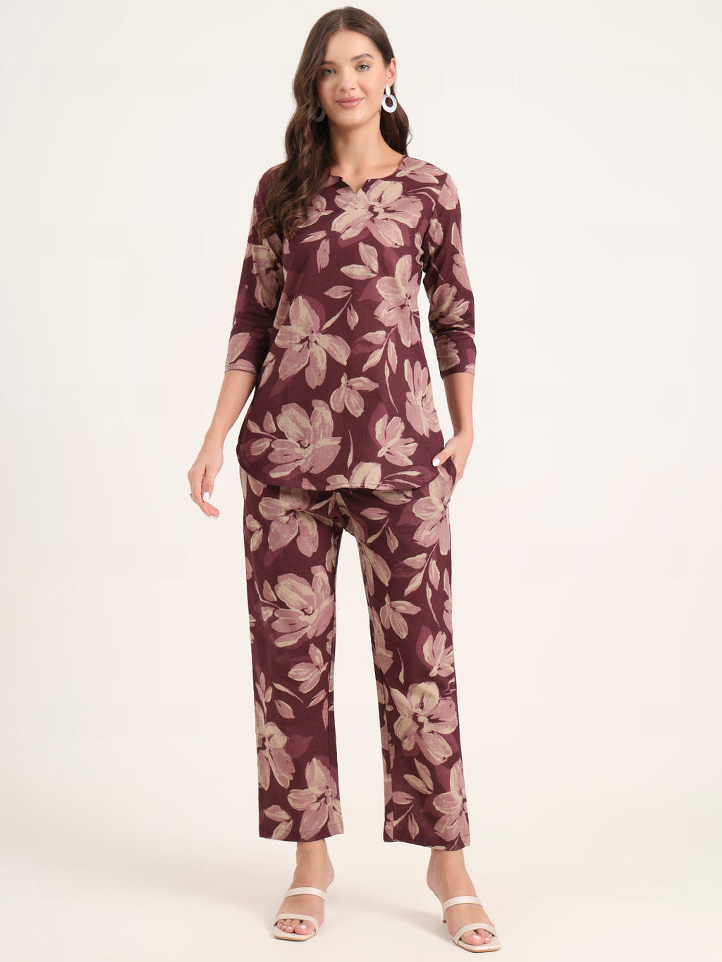 Noe Velarro Burgundy Printed Cotton Night Suit Sets