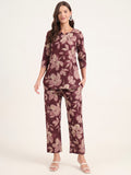 Noe Velarro Burgundy Printed Cotton Night Suit Sets