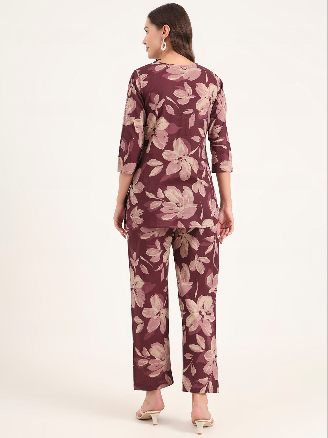 Noe Velarro Burgundy Printed Cotton Night Suit Sets