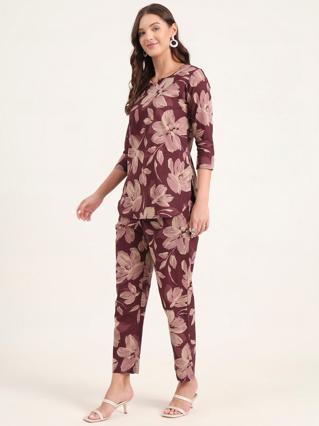 Noe Velarro Burgundy Printed Cotton Night Suit Sets