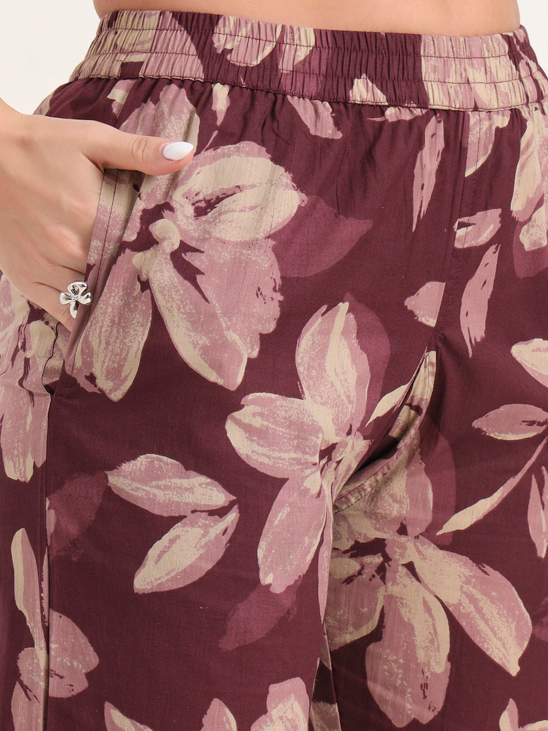 Noe Velarro Burgundy Printed Cotton Night Suit Sets
