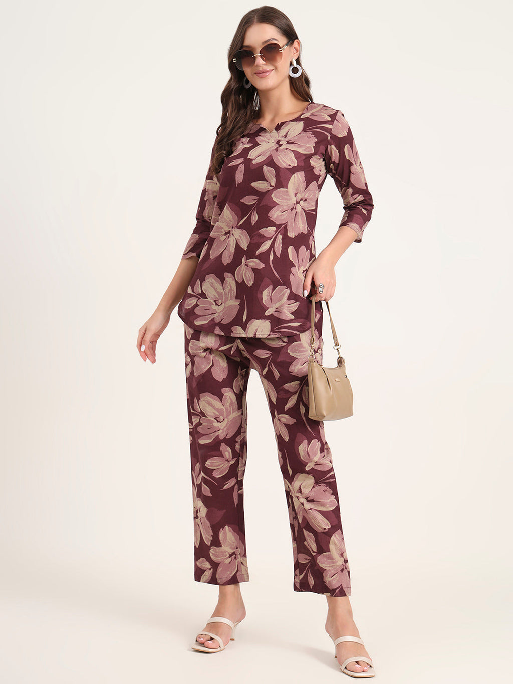 Noe Velarro Burgundy Printed Cotton Night Suit Sets