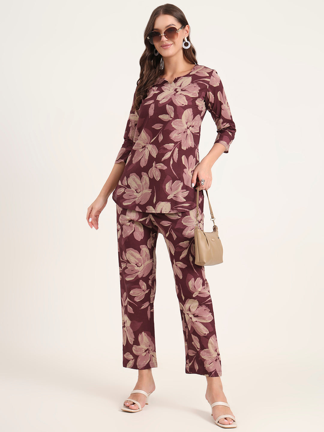 Noe Velarro Burgundy Printed Cotton Night Suit Sets