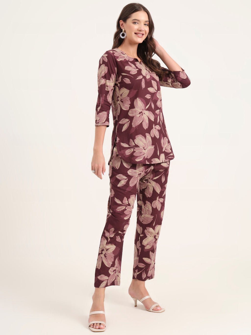 Noe Velarro Burgundy Printed Cotton Night Suit Sets