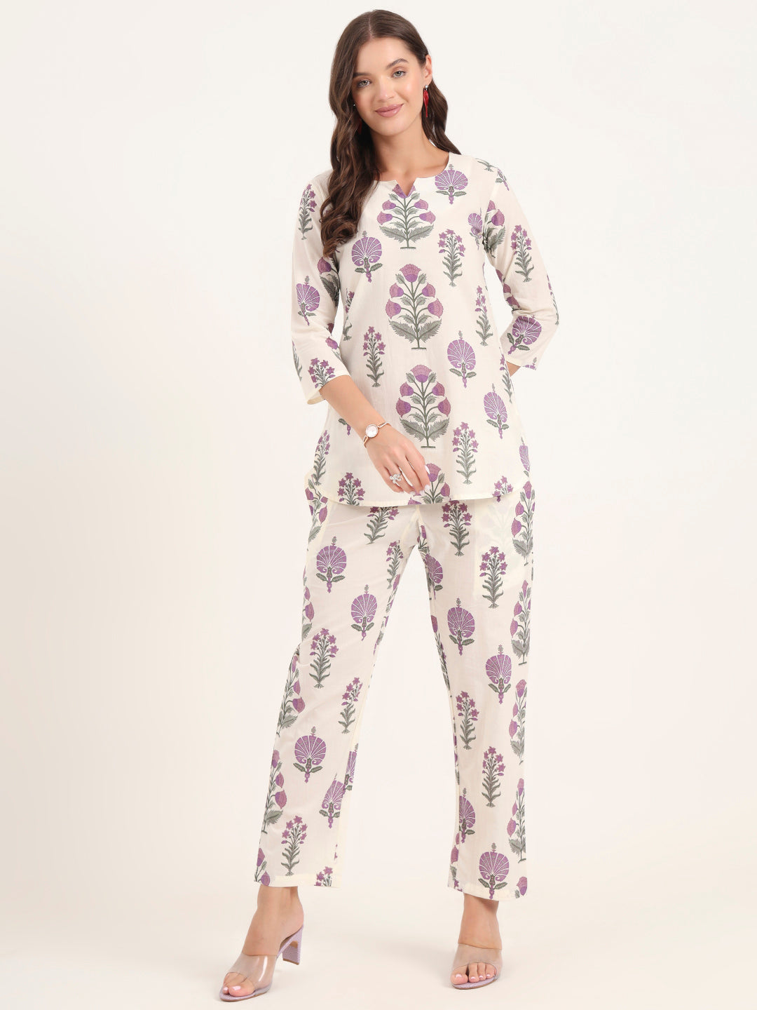 Noe Velarro Cream Printed Cotton Night Suit Sets