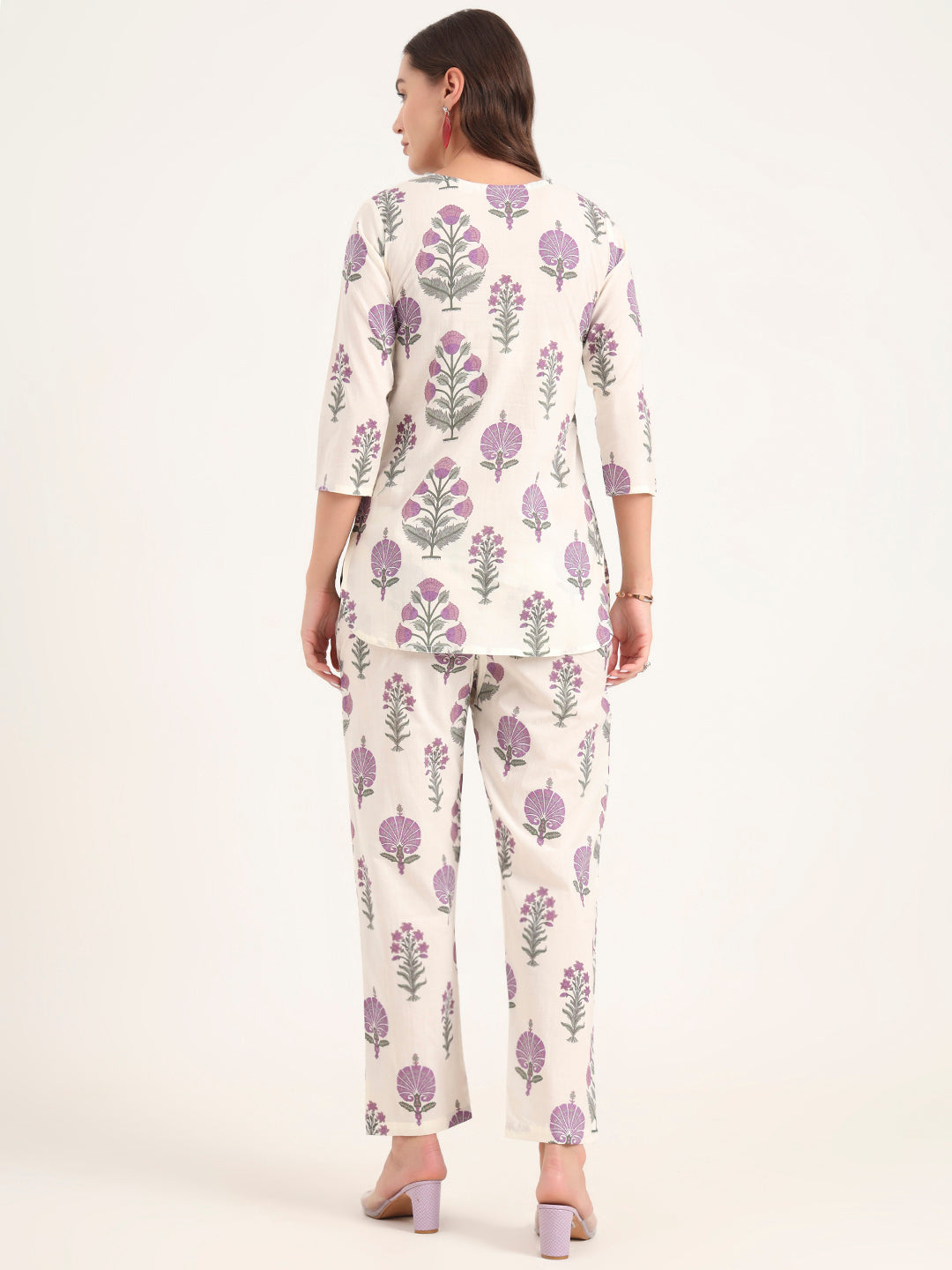 Noe Velarro Cream Printed Cotton Night Suit Sets