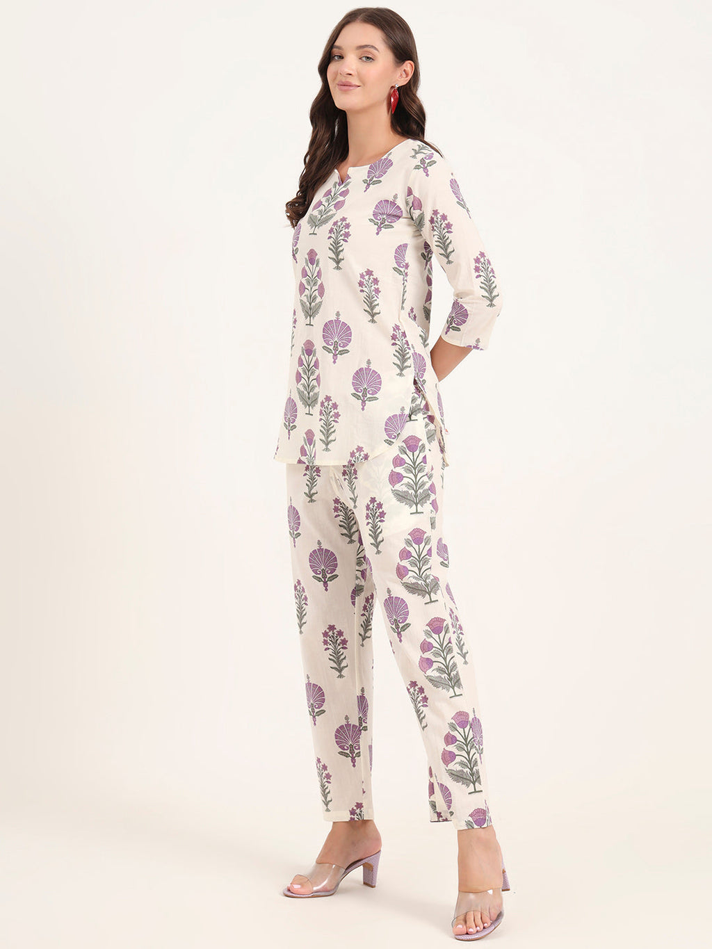 Noe Velarro Cream Printed Cotton Night Suit Sets
