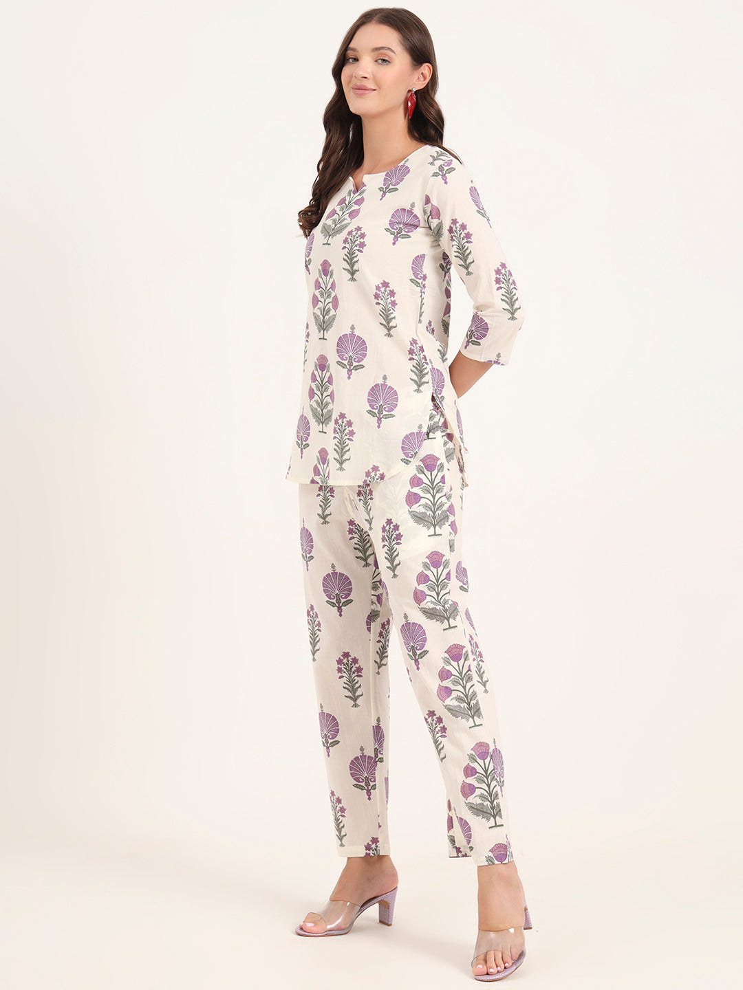 Noe Velarro Cream Printed Cotton Night Suit Sets