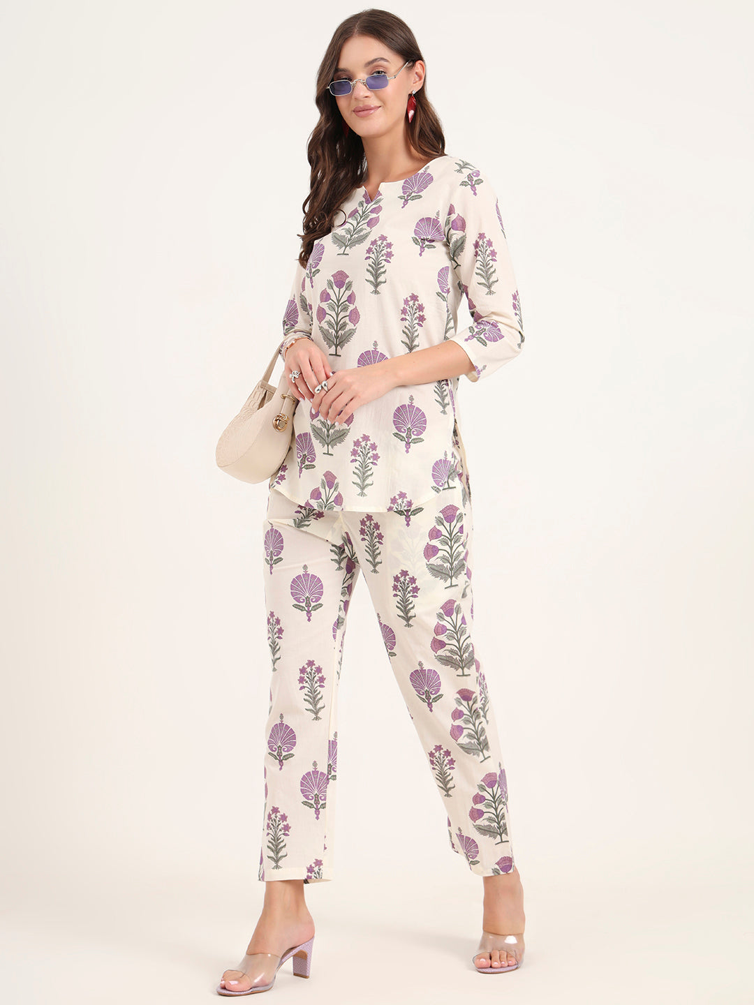 Noe Velarro Cream Printed Cotton Night Suit Sets