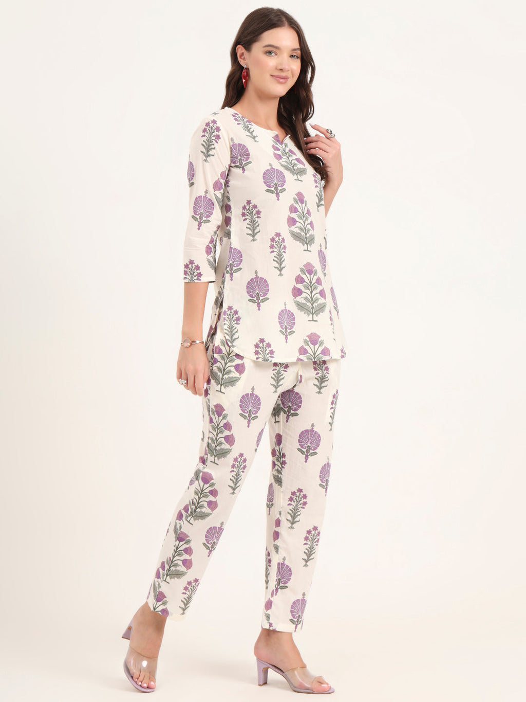 Noe Velarro Cream Printed Cotton Night Suit Sets