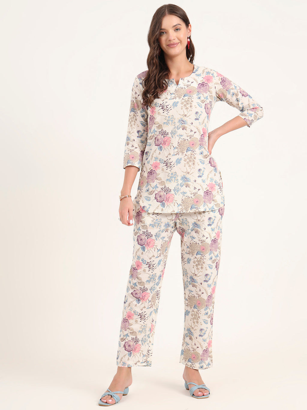 Noe Velarro Cream Printed Cotton Night Suit Sets