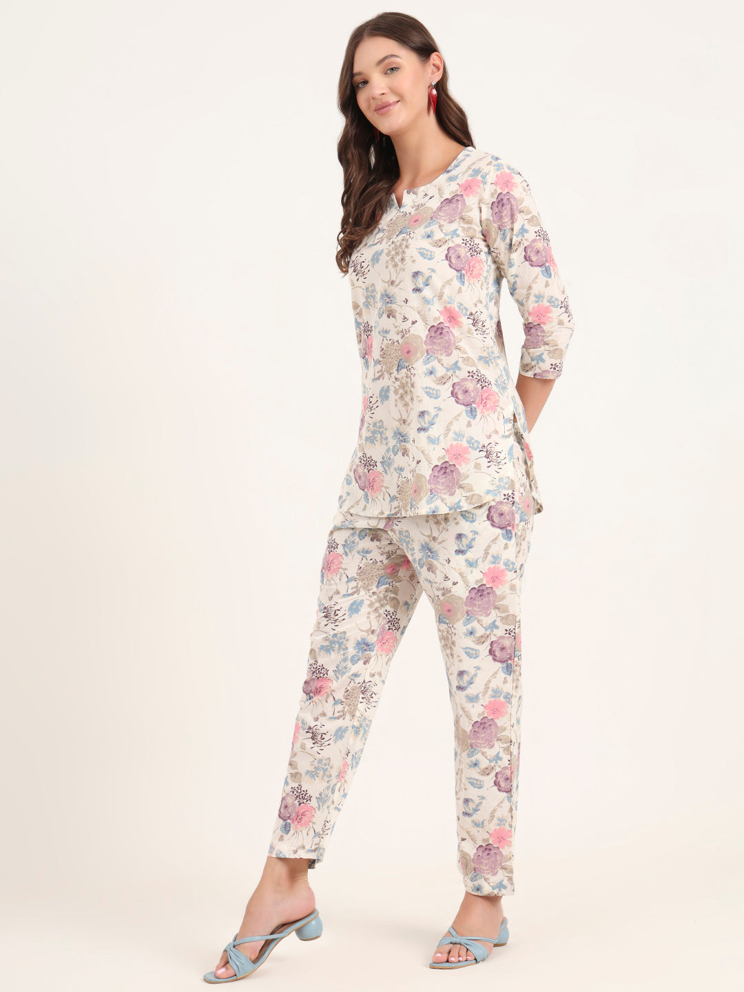 Noe Velarro Cream Printed Cotton Night Suit Sets