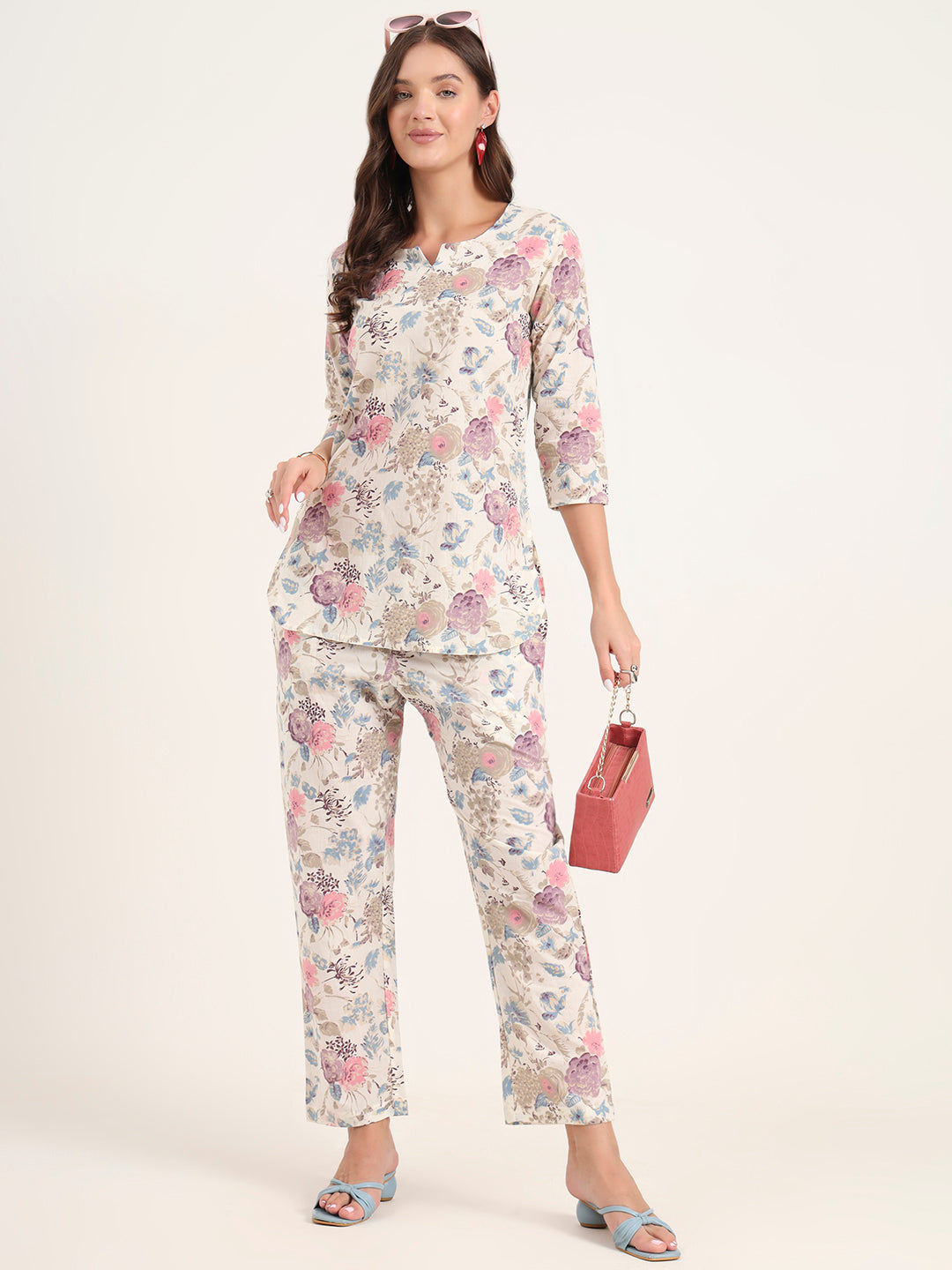 Noe Velarro Cream Printed Cotton Night Suit Sets