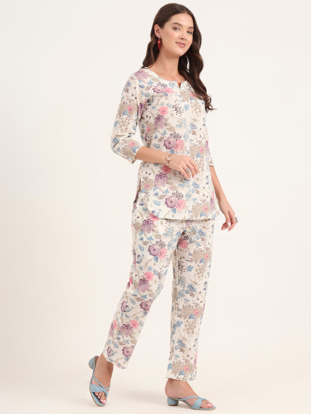 Noe Velarro Cream Printed Cotton Night Suit Sets