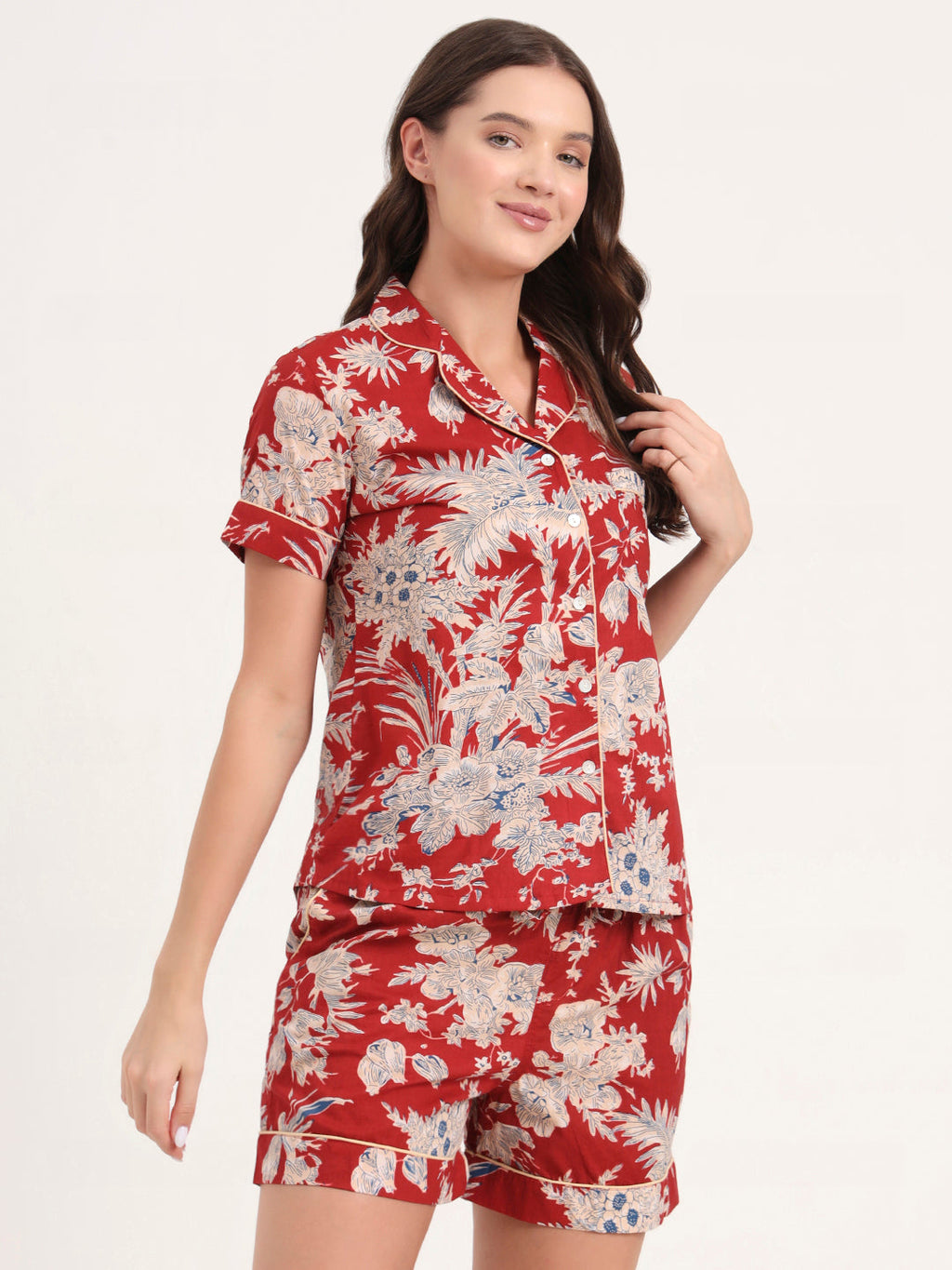 Noe Velarro Red Cotton Shirt and Shorts Night Suits