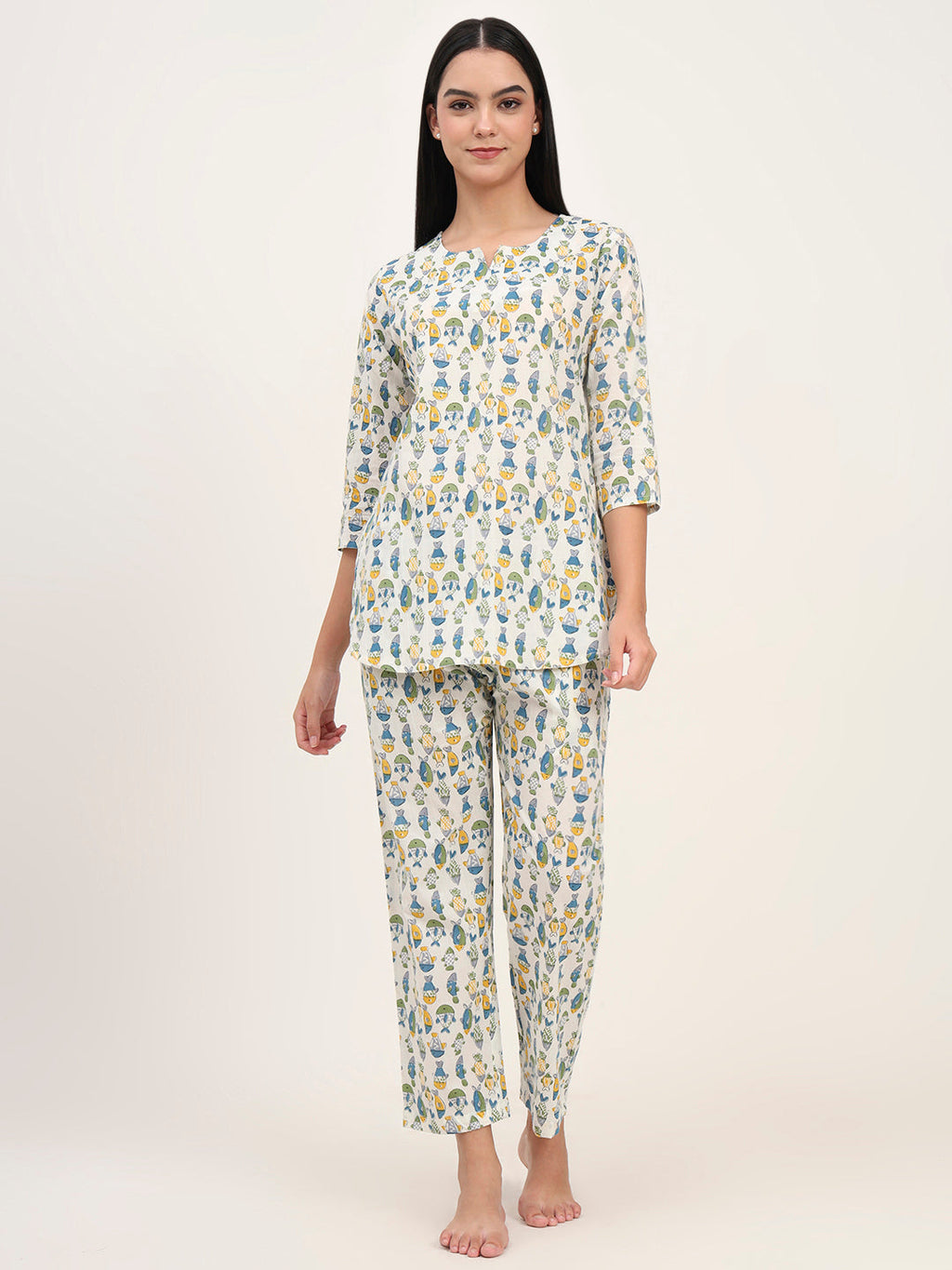 Noe Velarro White Cotton Printed Night Suit Set