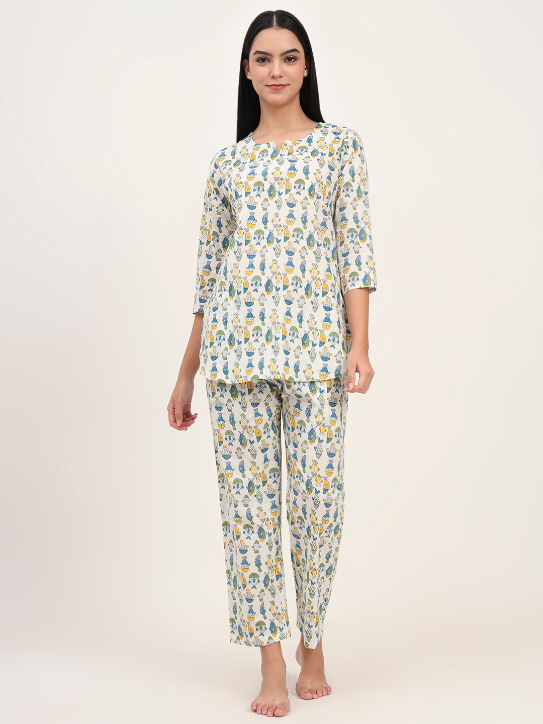Noe Velarro White Cotton Printed Night Suit Set