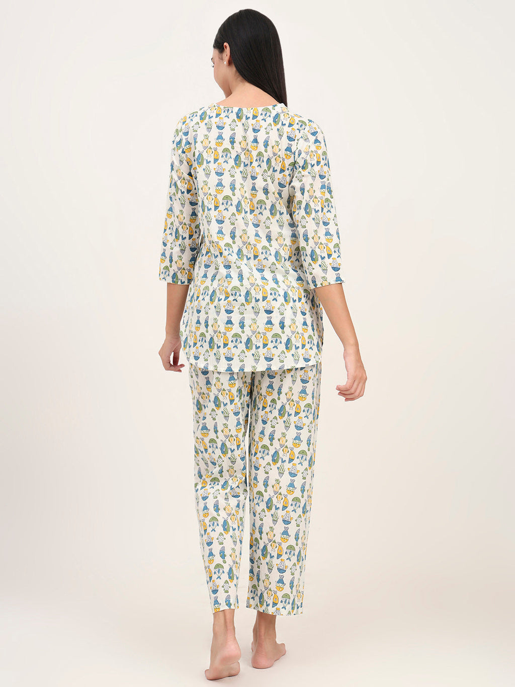 Noe Velarro White Cotton Printed Night Suit Set