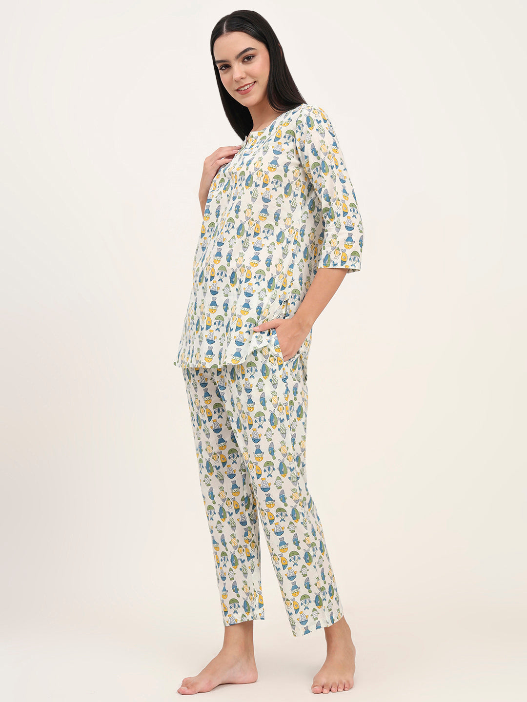 Noe Velarro White Cotton Printed Night Suit Set