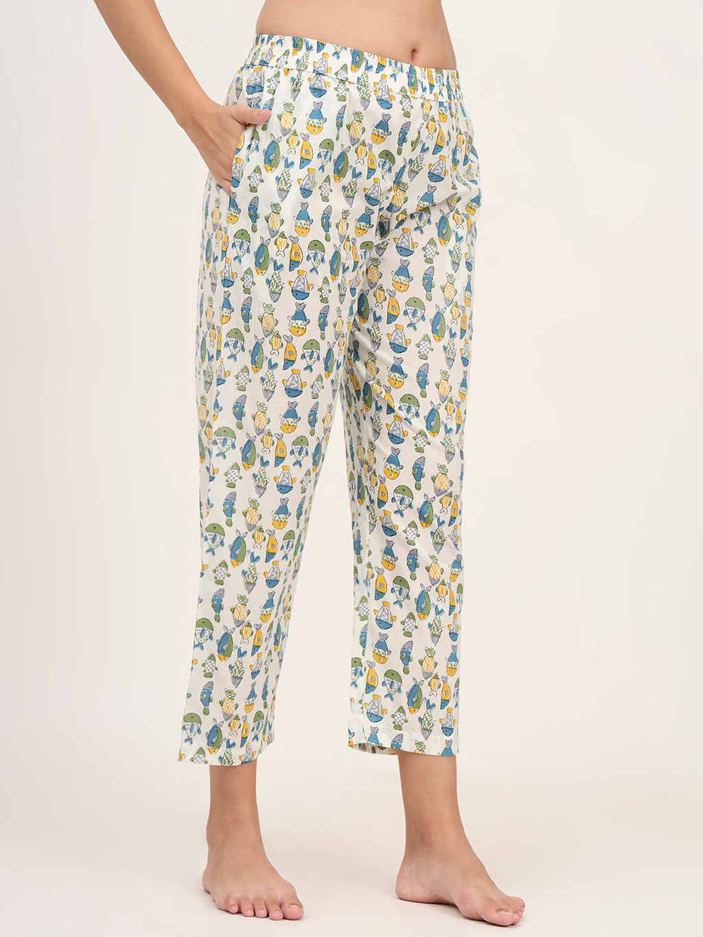Noe Velarro White Cotton Printed Night Suit Set