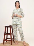 Noe Velarro White Cotton Printed Night Suit Set