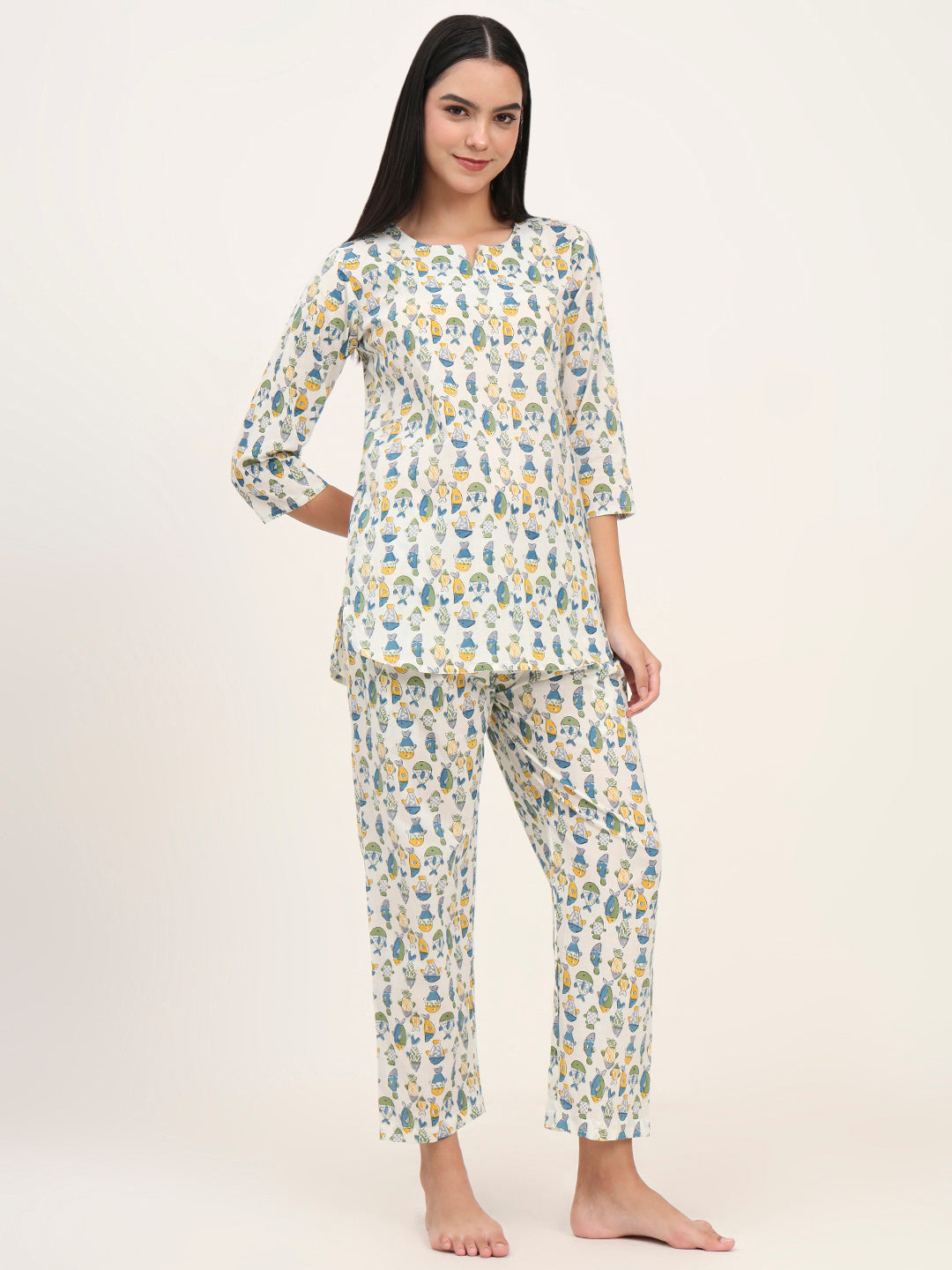 Noe Velarro White Cotton Printed Night Suit Set