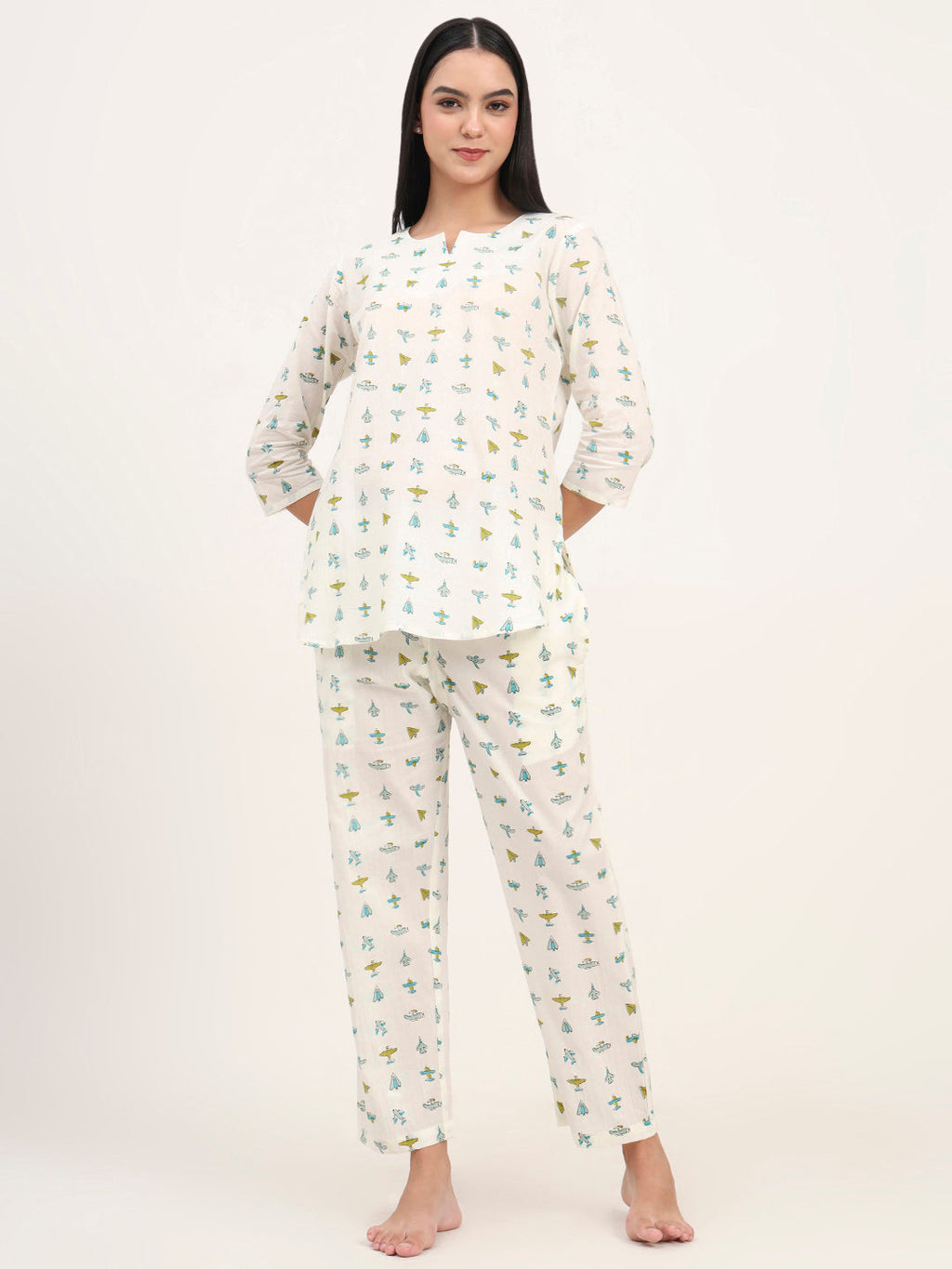 Noe Velarro Cream Cotton Printed Night Suit Set