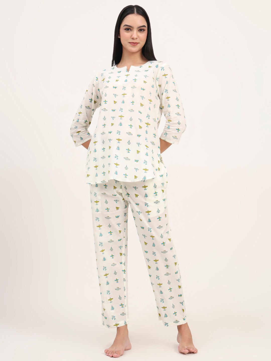 Noe Velarro Cream Cotton Printed Night Suit Set