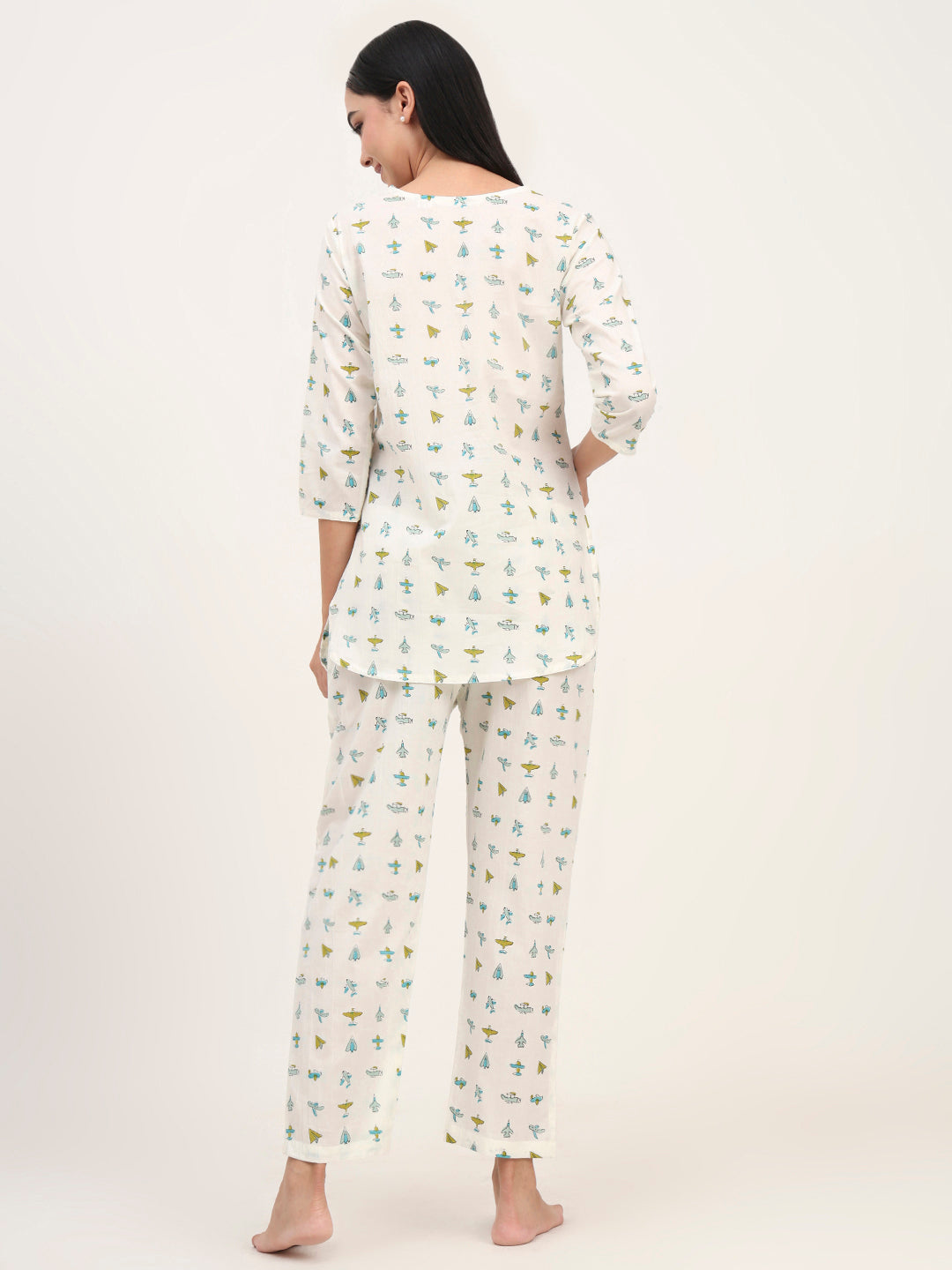 Noe Velarro Cream Cotton Printed Night Suit Set